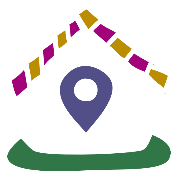 A white outline of a house has a pink and yellow shingled roof and a purple location pin inside it. Around its base is a circular area of green that looks perhaps like a lawn. The image has white line art.